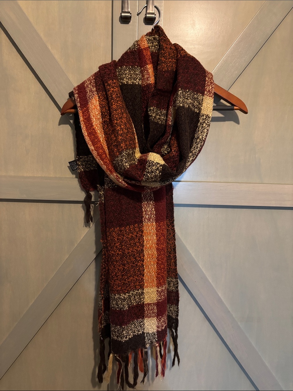 Dress Barn Plaid Knit Scarf - Burgundy, Orange & Cream